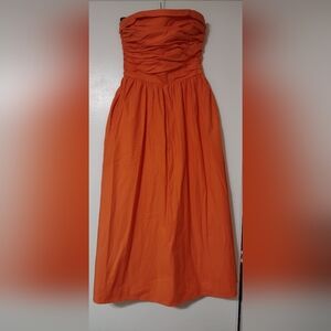 Reformation Strapless Ruched Orange Midi Dress